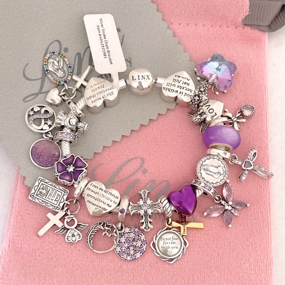 Linx Snake Chain Bracelet with Purple Religious Themed Charms